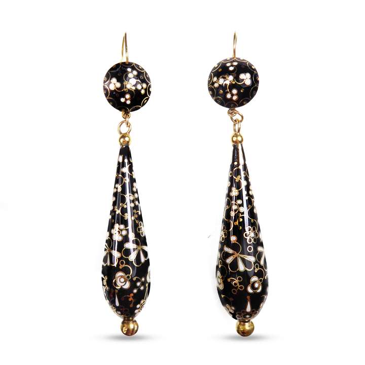 Pair of black and white enamel and gold droplet earrings